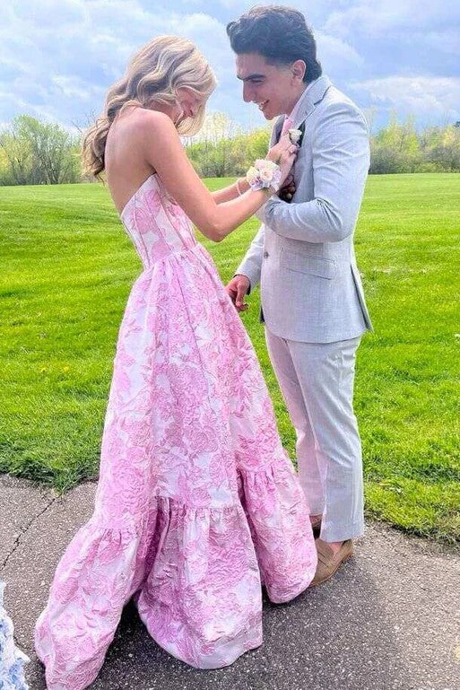 Elegant Strapless Blue Floral Corset Jacquard Prom Dress