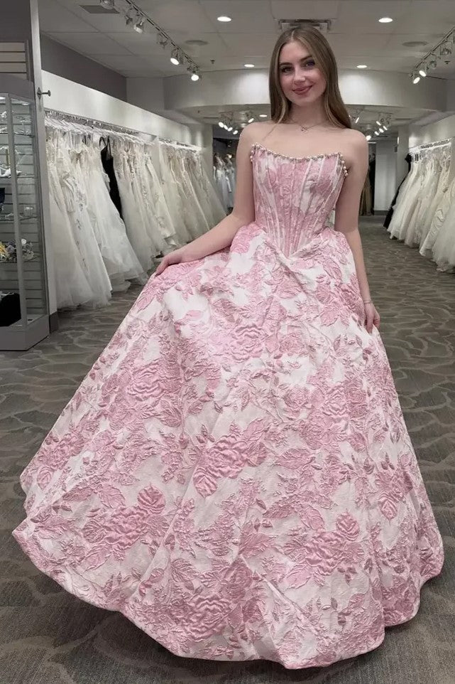 Beautiful Pink Floral Boned Jacquard A-Line Prom Dress
