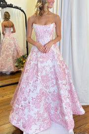 Beautiful Pink Floral Boned Jacquard A-Line Prom Dress