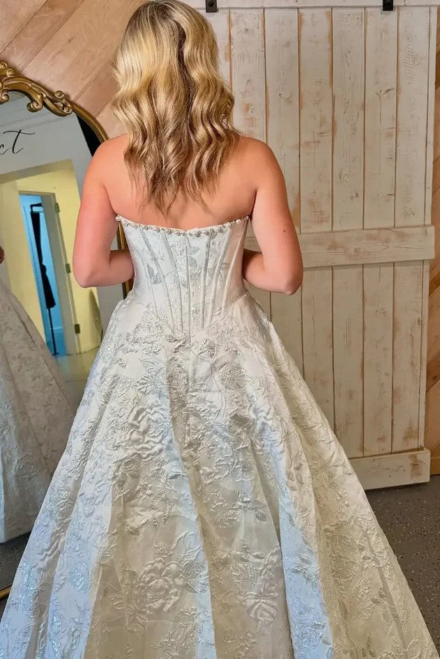 Beautiful Pink Floral Boned Jacquard A-Line Prom Dress