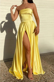 Chic Yellow Strapless Satin Prom Dress with Side Slit