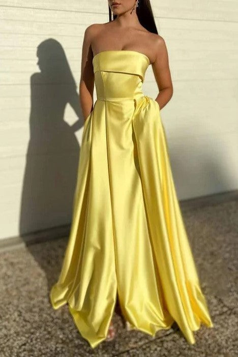 Chic Yellow Strapless Satin Prom Dress with Side Slit