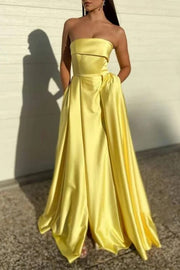 Chic Yellow Strapless Satin Prom Dress with Side Slit