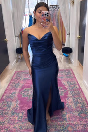 Stunning Royal Blue Satin Mermaid Prom Dress with Slit