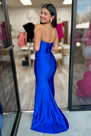 Stunning Royal Blue Satin Mermaid Prom Dress with Slit