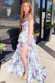 Dreamy Pink Floral Print Corset Chiffon Ruffle Prom Dress