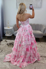 Dreamy Pink Floral Print Corset Chiffon Ruffle Prom Dress