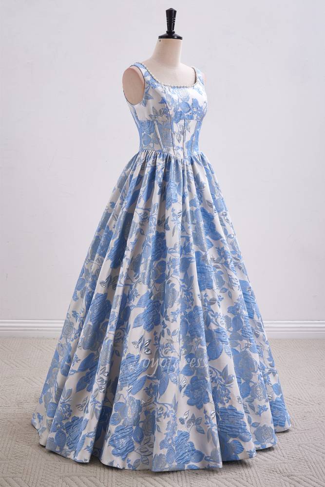 Elegant Straps Pink Jacquard A-Line Long Prom Dress with Pearl