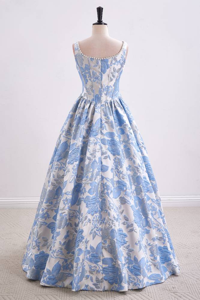 Elegant Straps Pink Jacquard A-Line Long Prom Dress with Pearl