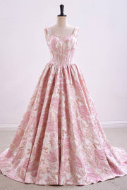 Elegant Straps Pink Jacquard A-Line Long Prom Dress with Pearl