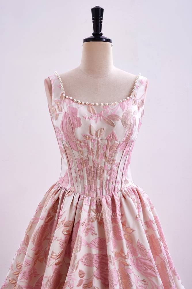 Elegant Straps Pink Jacquard A-Line Long Prom Dress with Pearl