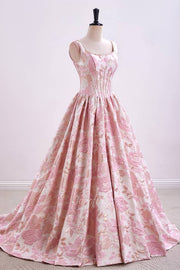 Elegant Straps Pink Jacquard A-Line Long Prom Dress with Pearl