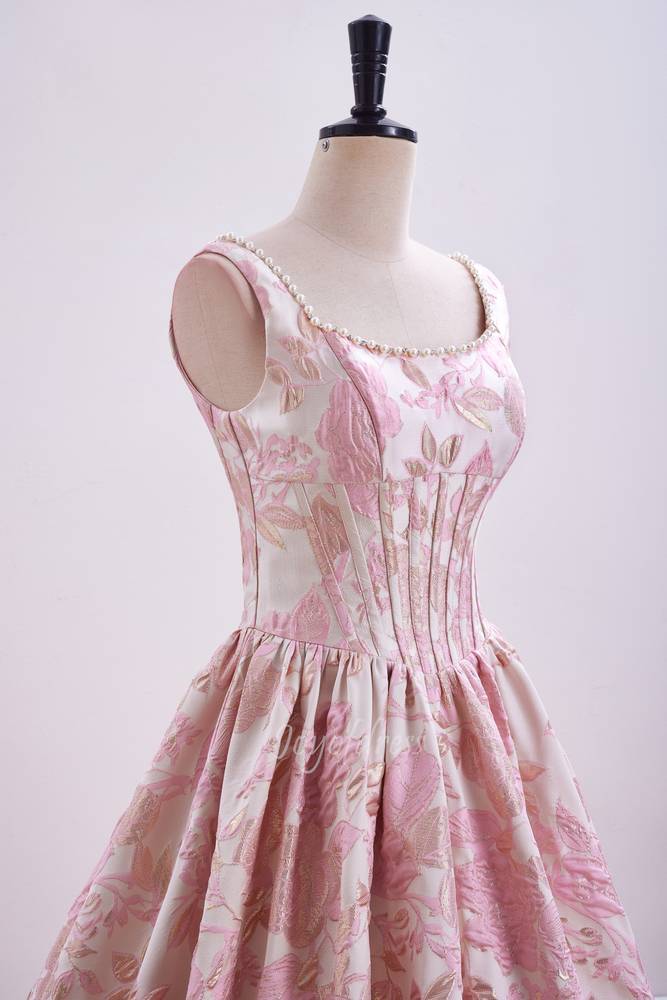 Elegant Straps Pink Jacquard A-Line Long Prom Dress with Pearl