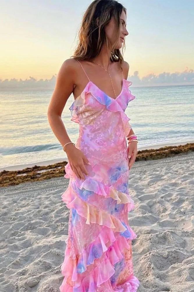 Gorgeous Spaghetti Straps Pink Ruffled Maxi Prom Dress