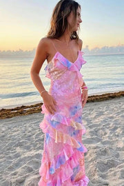 Gorgeous Spaghetti Straps Pink Ruffled Maxi Prom Dress