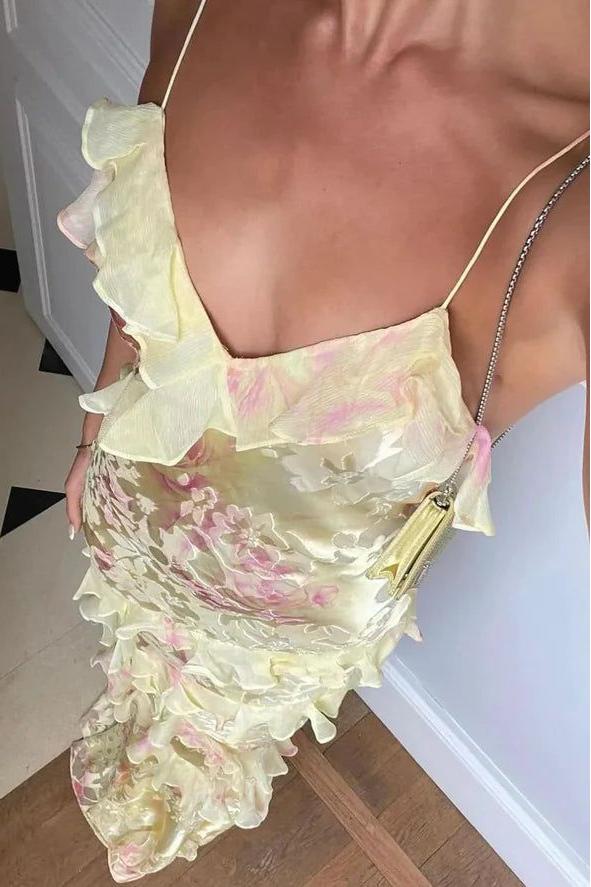 Gorgeous Spaghetti Straps Pink Ruffled Maxi Prom Dress