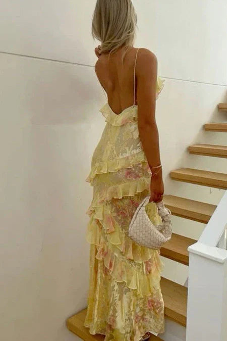 Gorgeous Spaghetti Straps Pink Ruffled Maxi Prom Dress