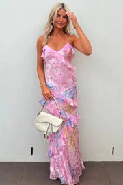 Gorgeous Spaghetti Straps Pink Ruffled Maxi Prom Dress