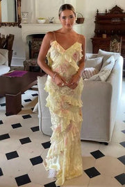 Gorgeous Spaghetti Straps Pink Ruffled Maxi Prom Dress