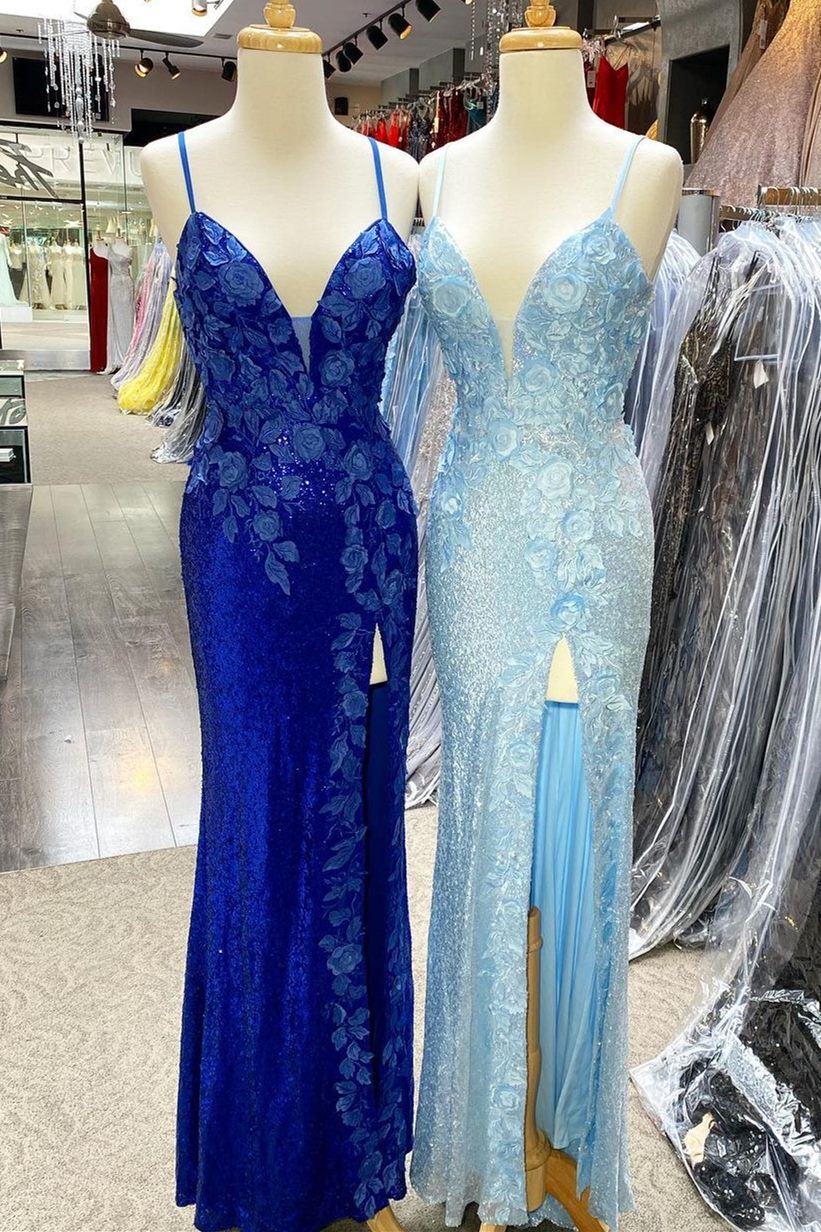 Stunning Straps V-Neck Floral Sequin Mermaid Prom Dress with Slit