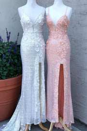 Stunning Straps V-Neck Floral Sequin Mermaid Prom Dress with Slit