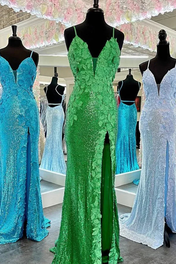 Stunning Straps V-Neck Floral Sequin Mermaid Prom Dress with Slit
