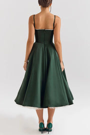 Elegant Green Satin Evening Prom Dress with Spaghetti Straps