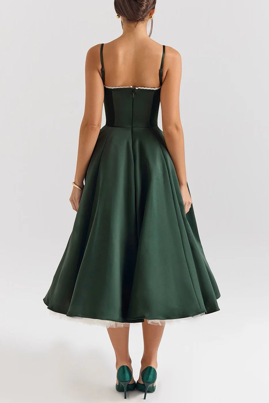 Elegant Green Satin Evening Prom Dress with Spaghetti Straps