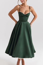 Elegant Green Satin Evening Prom Dress with Spaghetti Straps