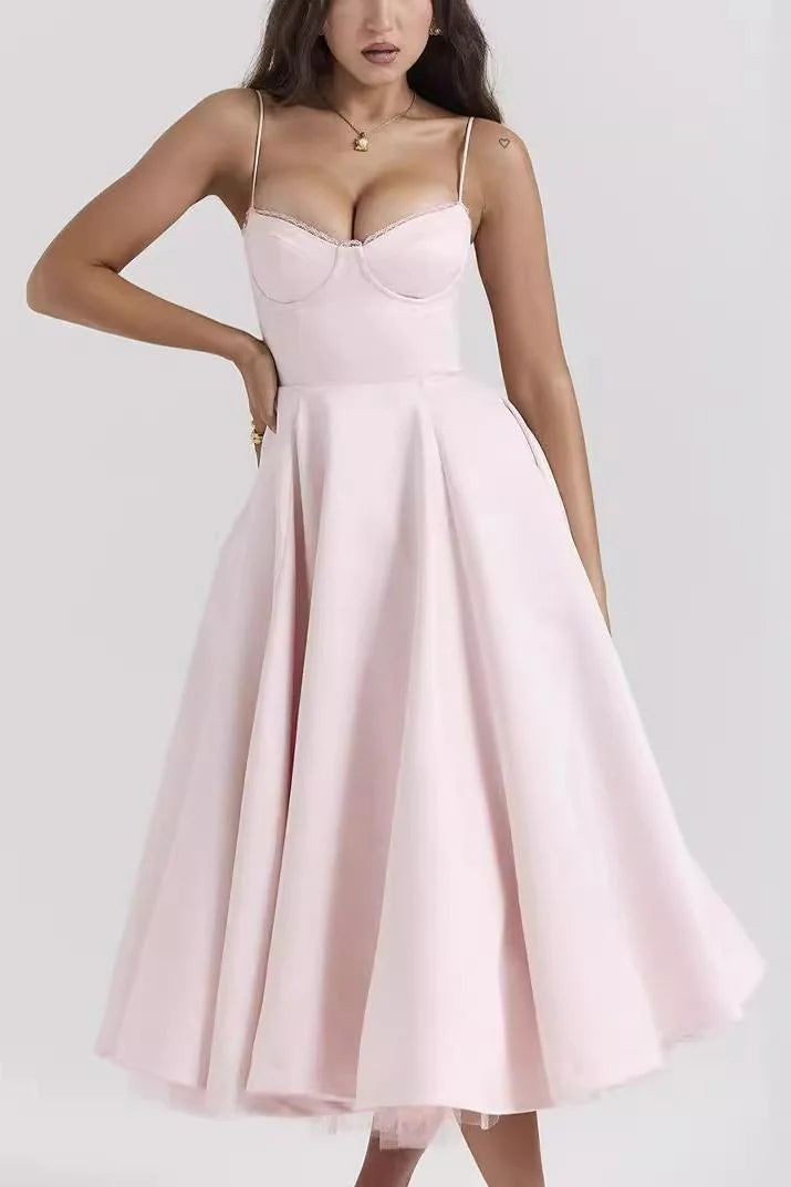 Elegant Green Satin Evening Prom Dress with Spaghetti Straps