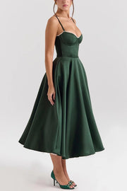 Elegant Green Satin Evening Prom Dress with Spaghetti Straps
