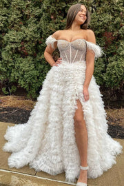 White Feathered Off-Shoulder Beaded Ruffled Layers Long Prom Dress