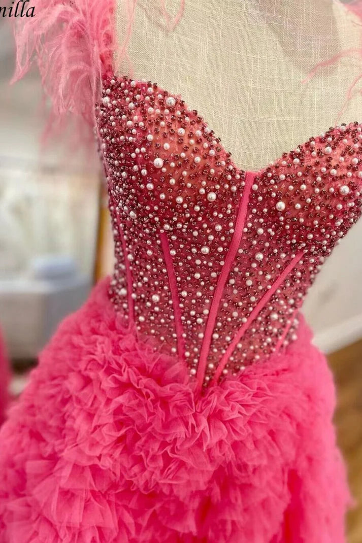 White Feathered Off-Shoulder Beaded Ruffled Layers Long Prom Dress