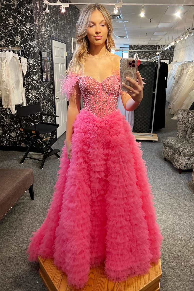 White Feathered Off-Shoulder Beaded Ruffled Layers Long Prom Dress