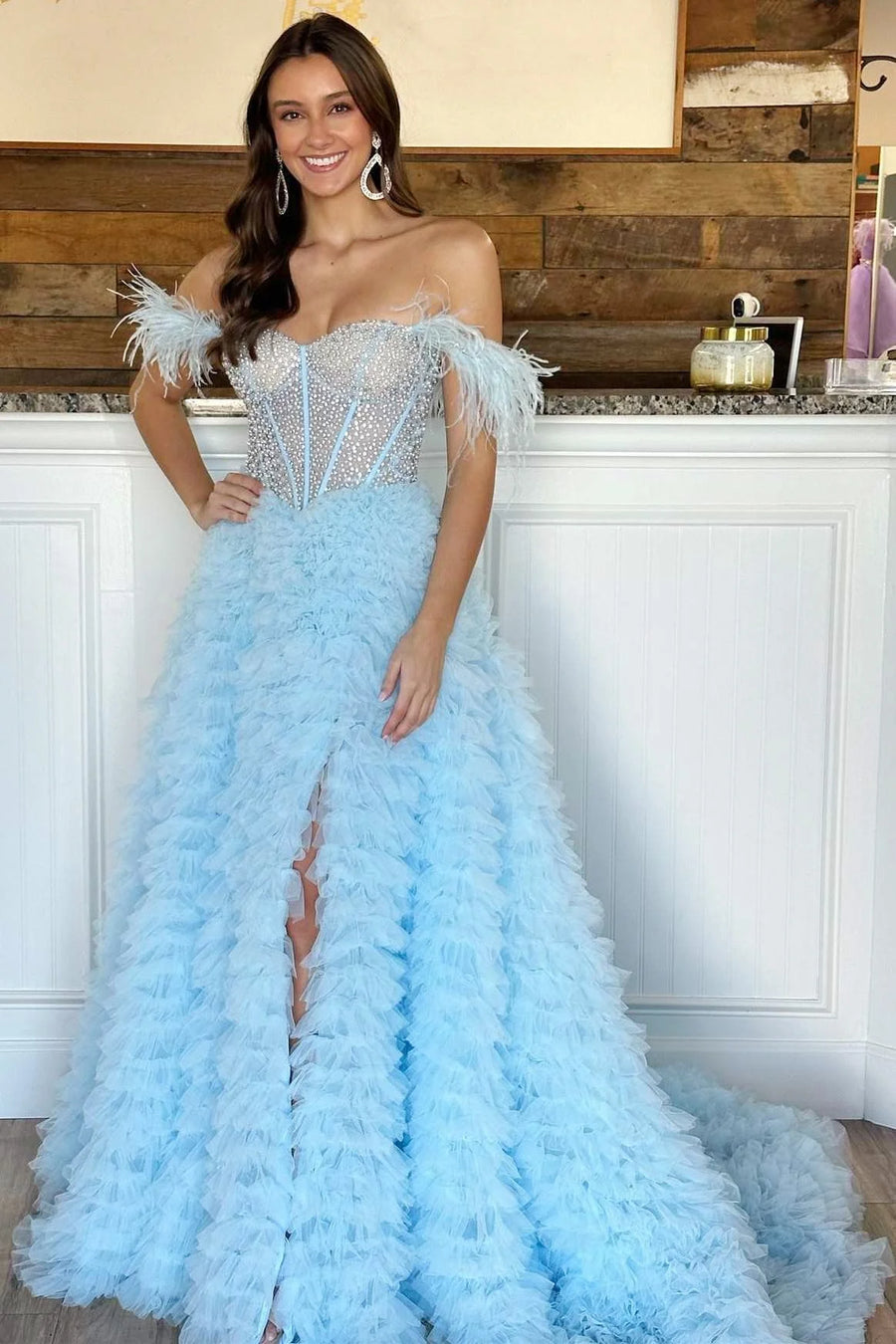White Feathered Off-Shoulder Beaded Ruffled Layers Long Prom Dress | Joyofdress White Feathered Off-Shoulder Beaded Ruffled Layers Long Prom Dress | Joyofdress