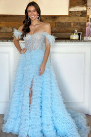 White Feathered Off-Shoulder Beaded Ruffled Layers Long Prom Dress
