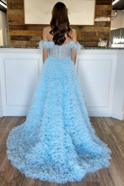 White Feathered Off-Shoulder Beaded Ruffled Layers Long Prom Dress