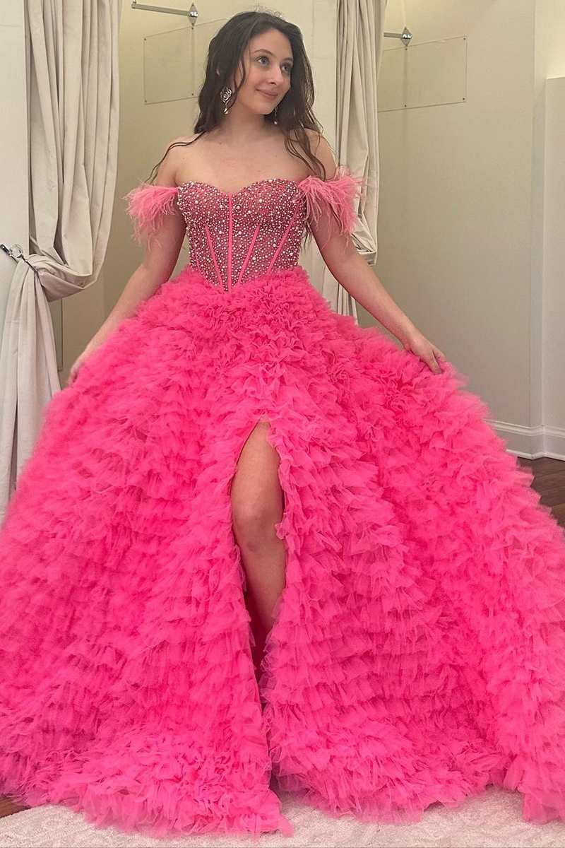 White Feathered Off-Shoulder Beaded Ruffled Layers Long Prom Dress