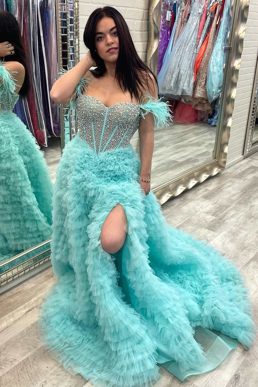 White Feathered Off-Shoulder Beaded Ruffled Layers Long Prom Dress Aqua / Custom Size White Feathered Off-Shoulder Beaded Ruffled Layers Long Prom Dress Aqua / Custom Size