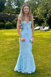 Chic Straps V-Neck Blue Lace Long Mermaid Prom Dress
