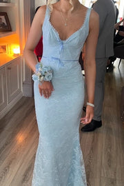Chic Straps V-Neck Blue Lace Long Mermaid Prom Dress