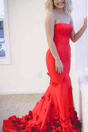 Elegant Strapless Long Mermaid Prom Dress with 3D Floral