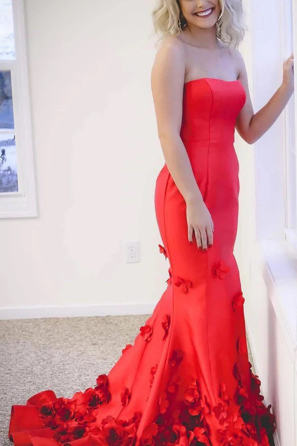 Elegant Strapless Long Mermaid Prom Dress with 3D Floral