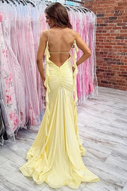 Chic Yellow Spaghetti Strap Fitted Prom Dress with Slit