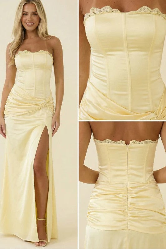 Elegant Yellow Strapless Pleated Satin Evening Maxi Dress