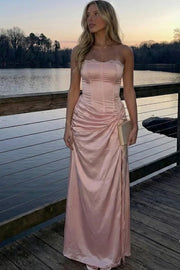 Elegant Yellow Strapless Pleated Satin Evening Maxi Dress