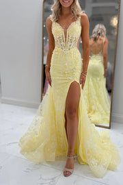 Elegant Yellow V-Neck Illusion Bodice Slit Prom Dress
