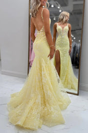 Elegant Yellow V-Neck Illusion Bodice Slit Prom Dress