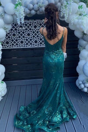 Straps V-Neck Sequin Applique Mermaid Prom Dress