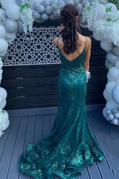 Straps V-Neck Sequin Applique Mermaid Prom Dress